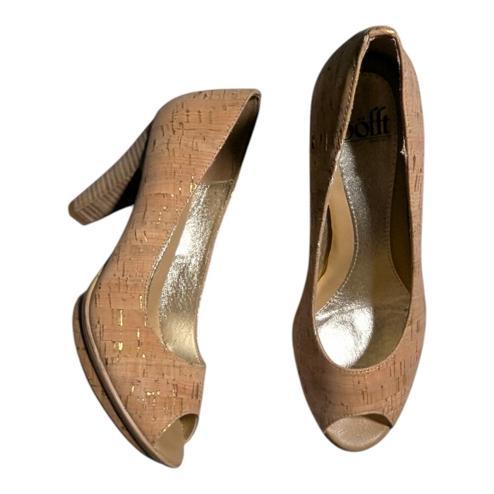 Sofft Ramona II Natural Cork Peep Toe Stacked Wooden Heel Comfort Pumps Sz 8.5